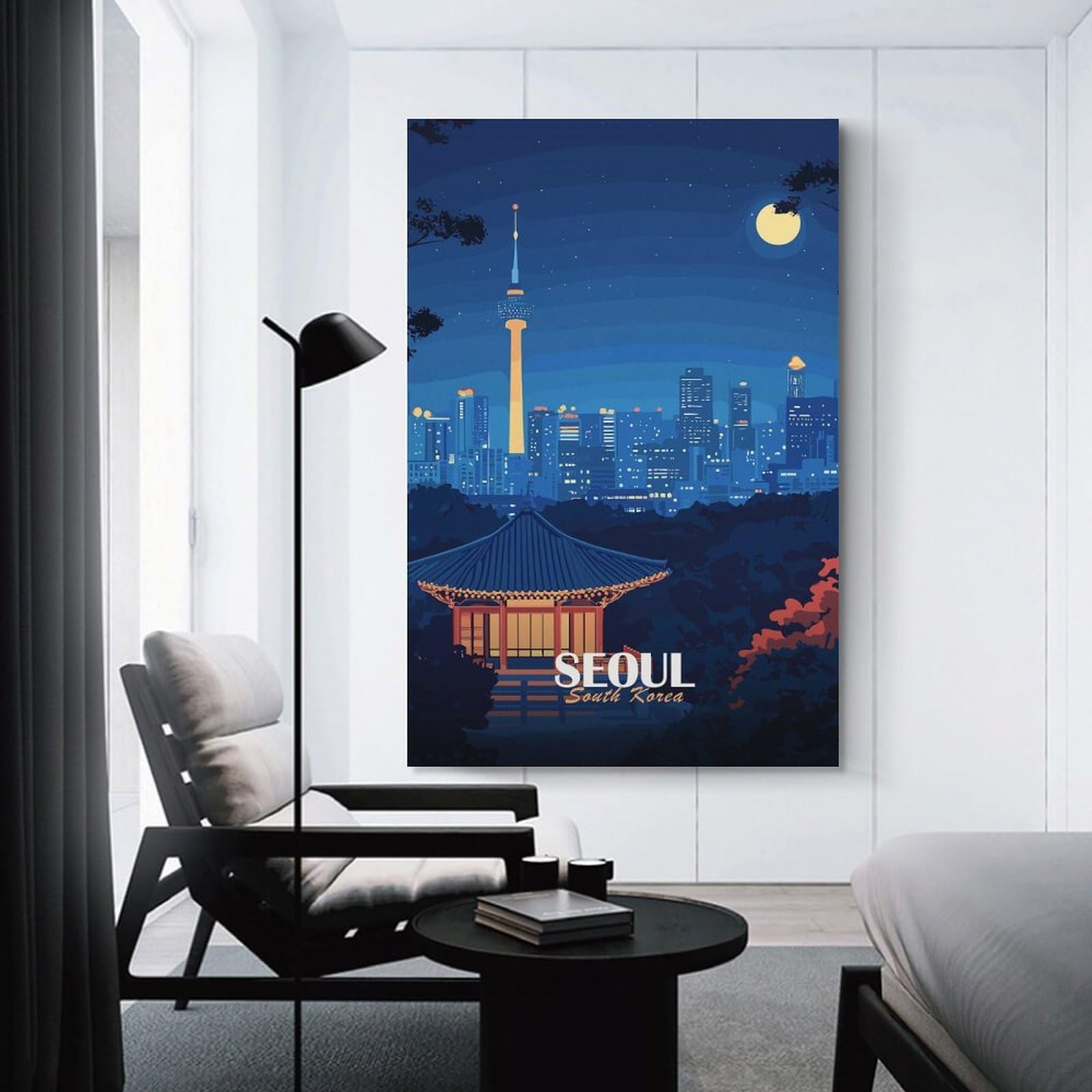 Junmoney Hanging Wall Art Seoul Cityscape at Night, 24x36inch(60x90cm), for Wall Displays, Bedrooms Or Room Updates, Wall Decor Suited to Curated Displays