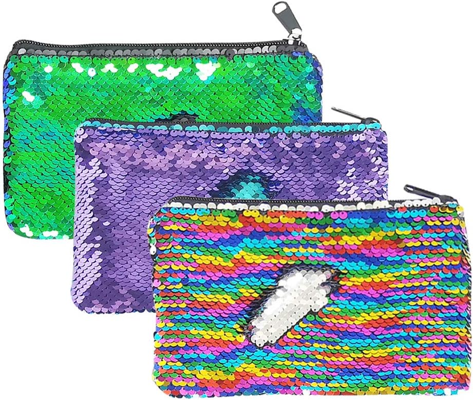 Glitter Reversible Sequin Pencil Pouch Small Makeup Organizer Bag Purse (Rainbow/Purple/Teal)