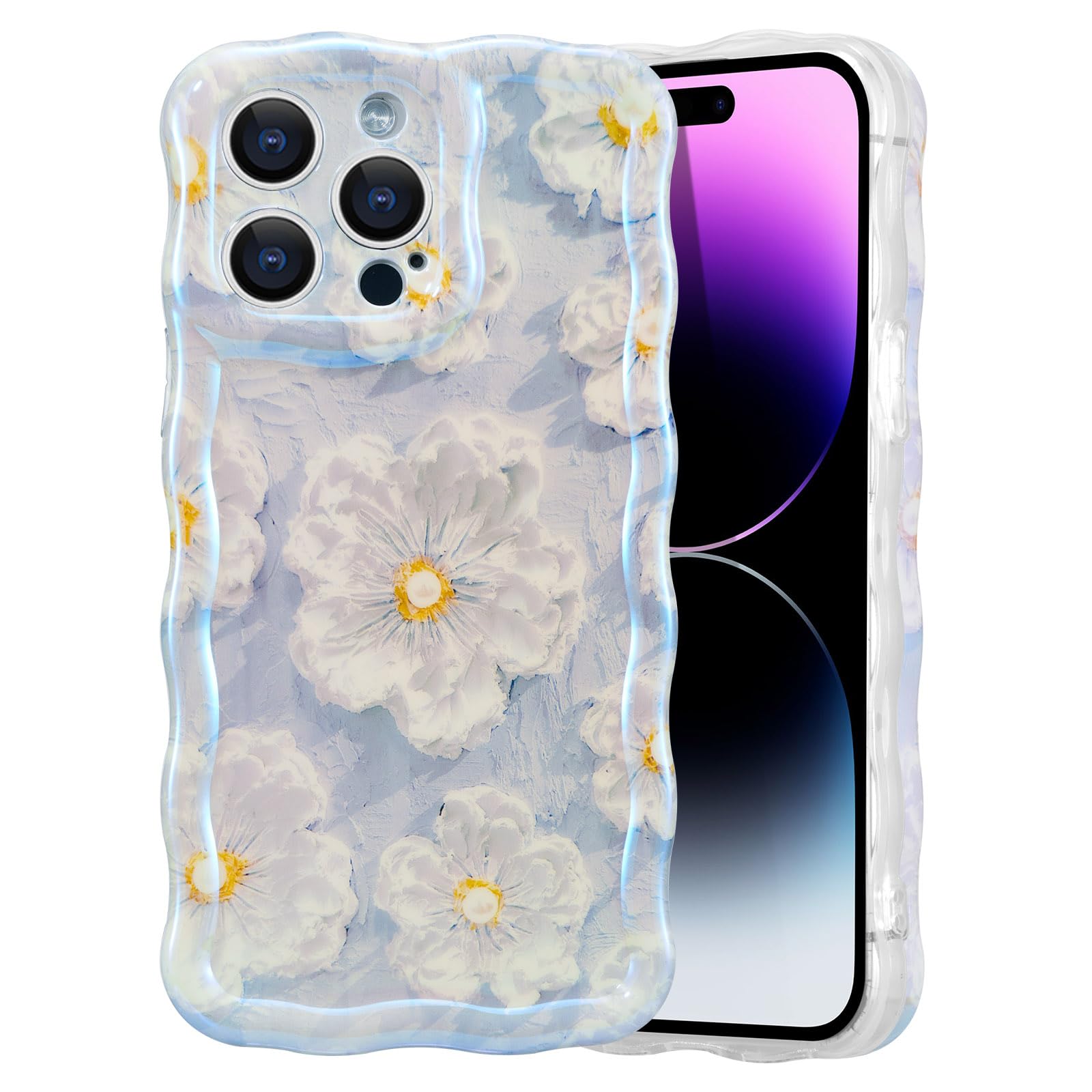 EYZUTAK Case for iPhone 14 Pro Max, Colorful Retro Oil Painting Flower Laser Glossy Pattern Cute Curly Wave Border Exquisite Phone Cover Stylish