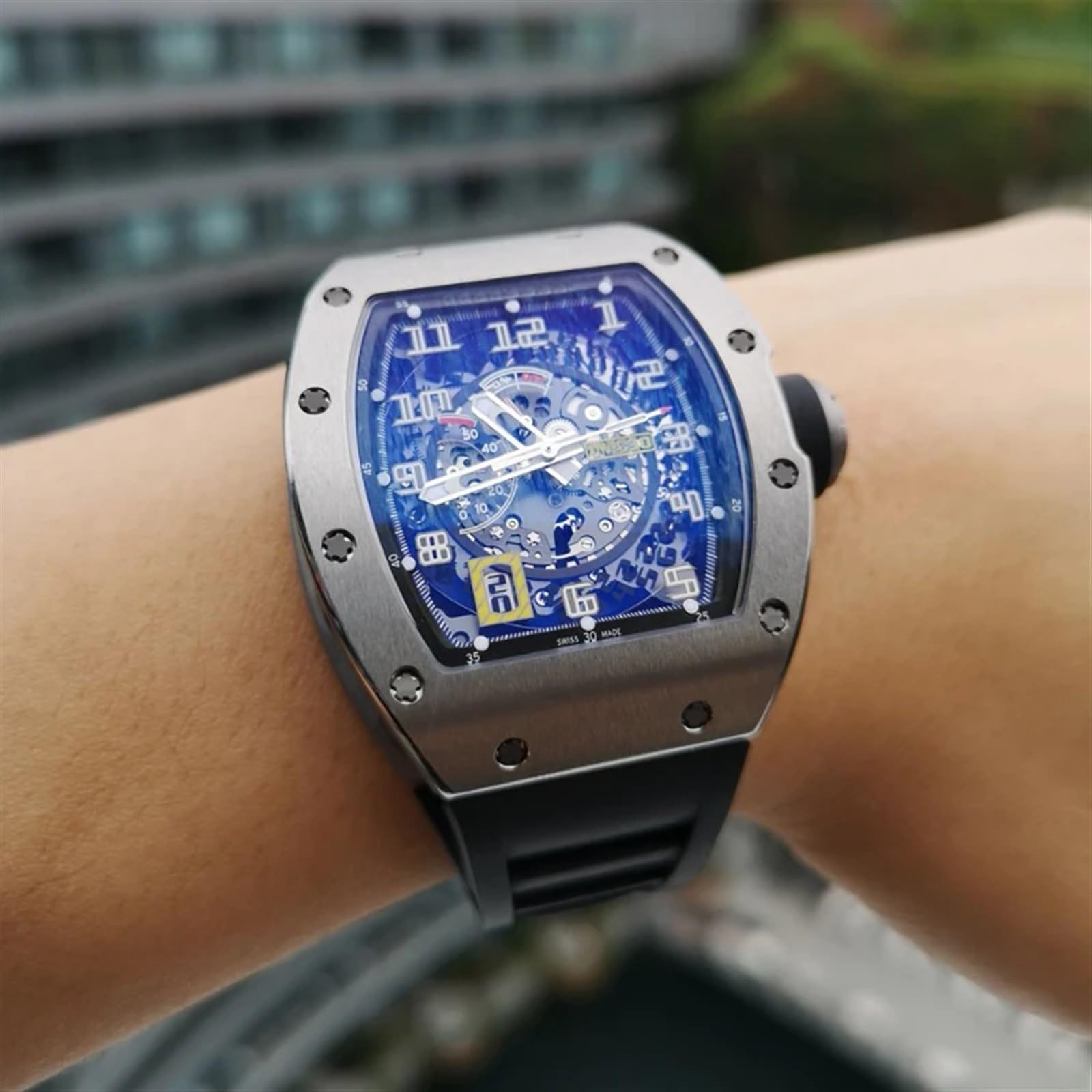 25 mm gumowy silikonowy pasek do zegarka Richard Mille pasek ze stali nierdzewnej składana klamra niebieski pasek akcesoria do zegarków niebieski pasek