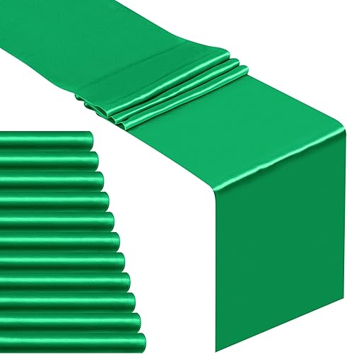 Paquete de 12 caminos de mesa de satén de 12 x 108 pulgadas de largo, color esmeralda, camino de mesa de seda satinada para boda, cumpleaños,