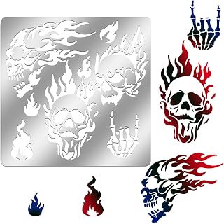 6x6 inch Metal Skull Stencil Fire Skull Pyrography Stencils Template for Halloween Wood Carving, Drawings and Woodburning, Engraving and Scrapbooking Project