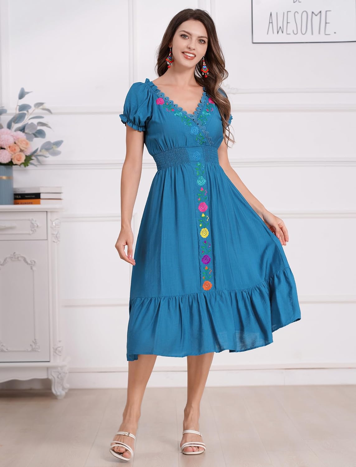 Mexican Dress for Women Floral Embroidered Dress Short Sleeve V Neck Traditional Ethnic Cinco De Mayo Fiesta Dress
