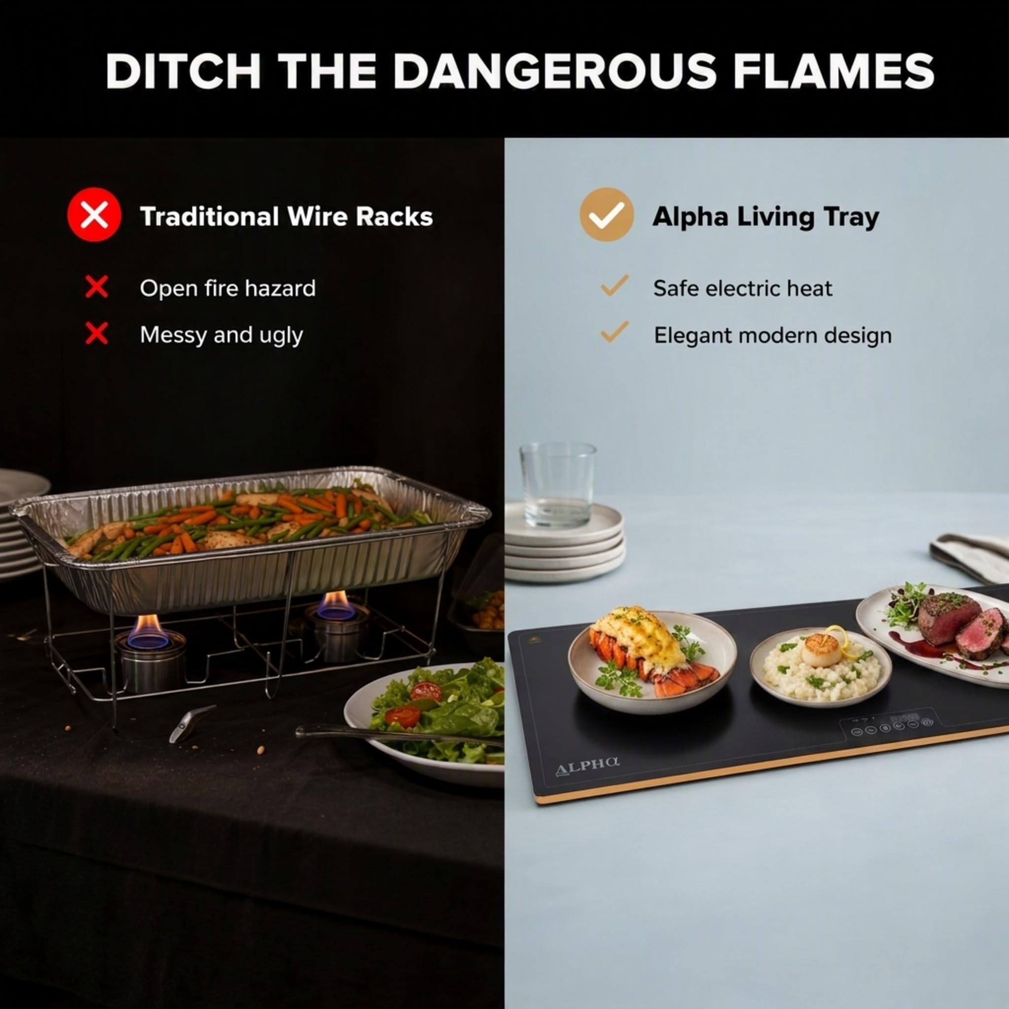 Alpha Living Warming Tray for Food – 40 Inch Glass Top Food Warmers for Parties Buffet – Tempered Glass Electric Warming Mat with 3 Heat Settings – Buffet Warmer for Events, Parties, Catering — Amazon image 5