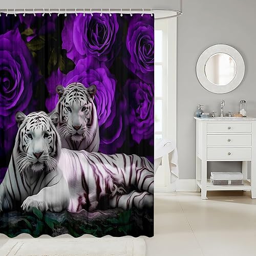 Miniatura 2 de Cortina de ducha de tigre blanco, juego de cortinas de ducha de baño con rosas moradas, flores de animales salvajes, cortinas de baño impermeables