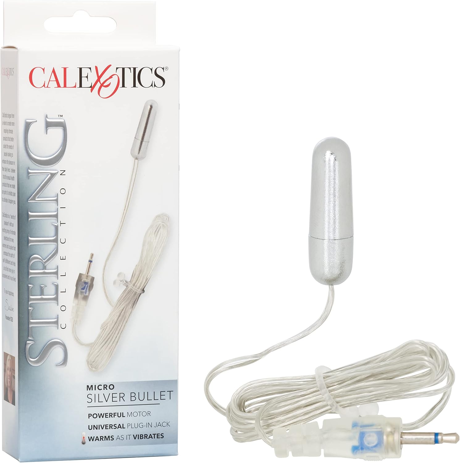 CalExotics Sterling Collection Wired Micro Bullet Vibrator next to its retail packaging