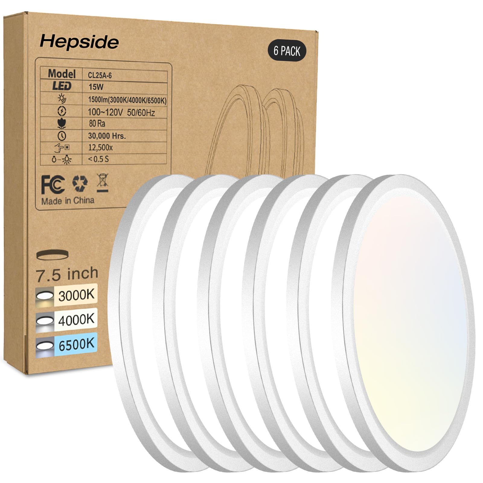 6PACK LED Flush Mount Ceiling Light, 3000K-4000K-6500K & 100W Equivalent Modern Kitchen Recessed Ceiling Lamp 15W 1500Lm 7.5 Inch for Bathroom Closet Laundry Bedroom Hallway, White