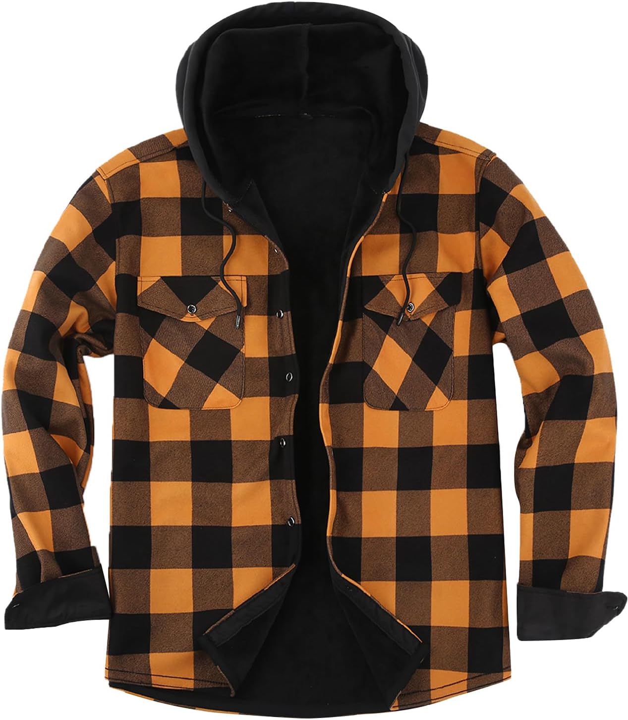 Mens Flannel Plaid Coral Fleece Lined Hooded Shirt Jacket Casual Long Sleeve Button Down Hoodie with Pockets