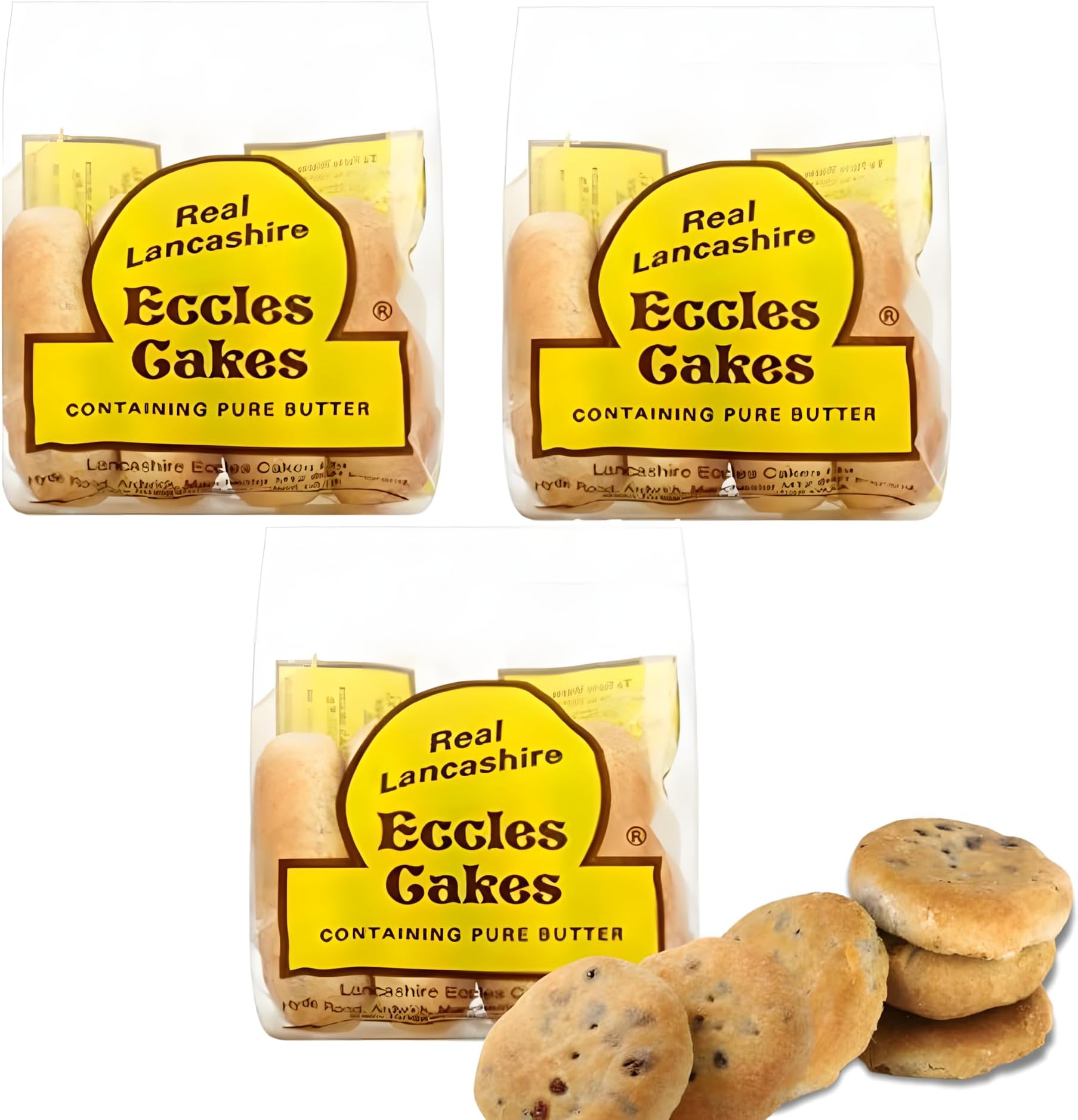 Real Lancashire Eccles Cakes - 4 Pieces, 5.29 Oz (Pack of 3) - British Snack Cakes with Pure Butter & Dried Currants, Traditional English Fruit Cake Pastry, Imported UK Snacks for Tea & Breakfast