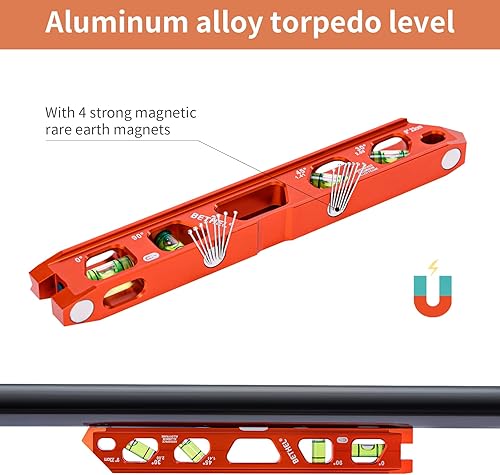 Miniatura 3 de BETHEL Nivel de torpedo, nivel de conducto magnético con 4 viales, ranura en V y pista magnética, construcción de aleación de aluminio, naranja de