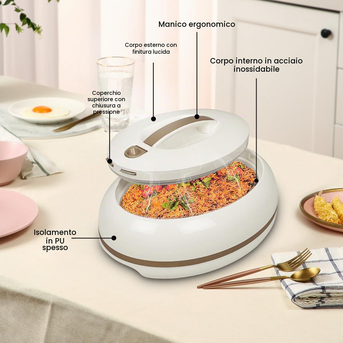 Elegante casseruola ovale isolata grande – coperchio aperto con una sola mano – 0,9 l – scaldavivande di lusso – ciotola termica per buffet/feste – contenitore per alimenti caldi in acciaio inox