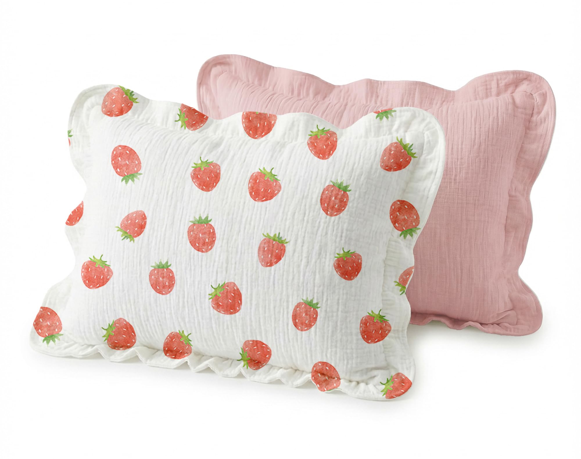 Wimist Toddler Pillowcases for 13"x18" Pillow 2 Pack, Muslin Small Toddler Baby Kids Travel Pillow Covers for Boys Girls with Envelope Closure (Blush Berry-Ruffled, 13 x 18 Inch)
