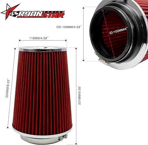 Miniatura 2 de RYANSTAR RACING Limpiador de filtro de aire fresco de cono cónico redondo de alto flujo de 4.016 in 4 "con diseño de filtro superior corto 9.094 in