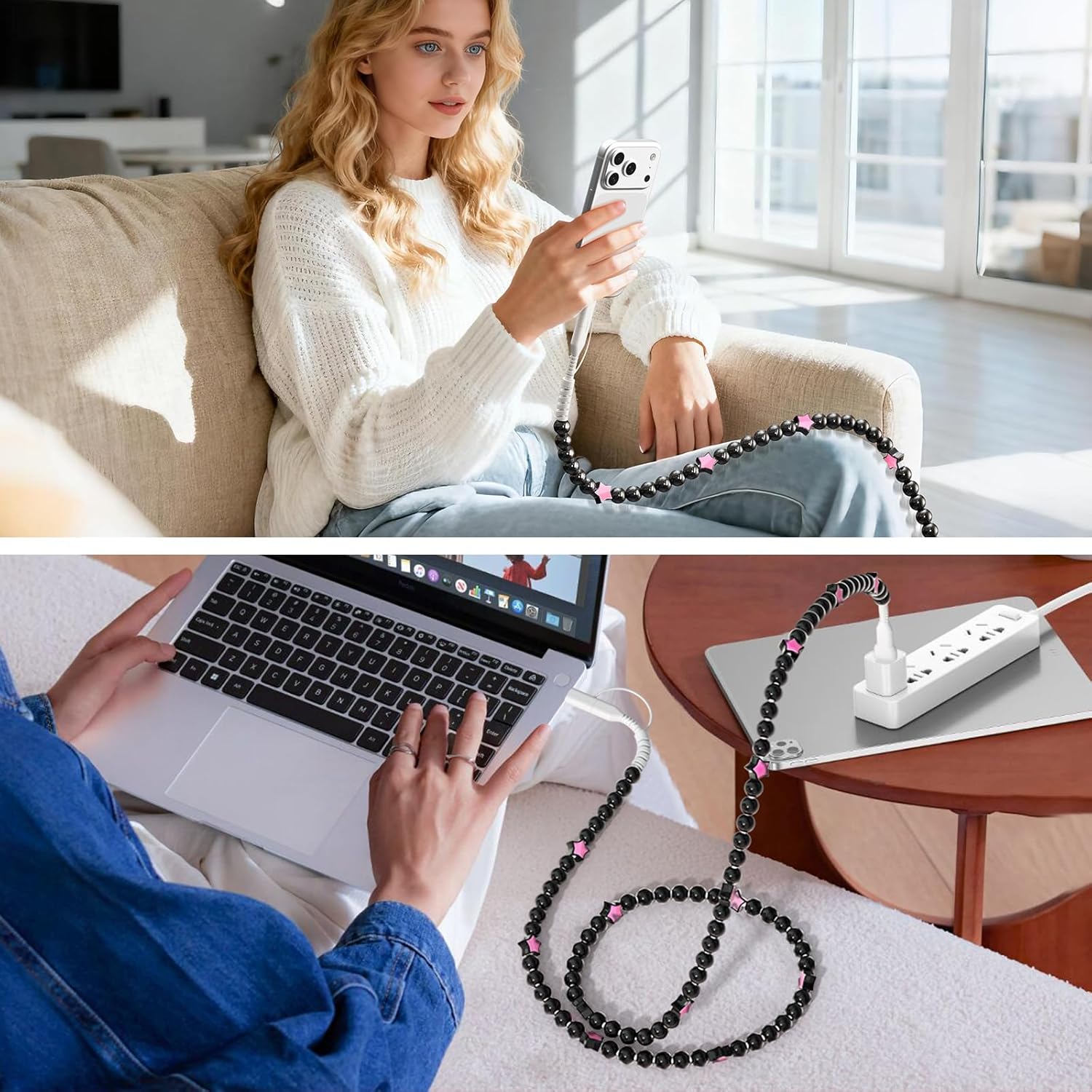 VOFUOE USB C Cable for iPhone 17 Charging Cable USB A to Type C Cable 4 in 1 Multi Charging Cord Star Beaded Charger Cable 3.3FT Fast Charging for iPhone 16/15, Galaxy S24/S25 Ultra-Black & Pink - Image 6