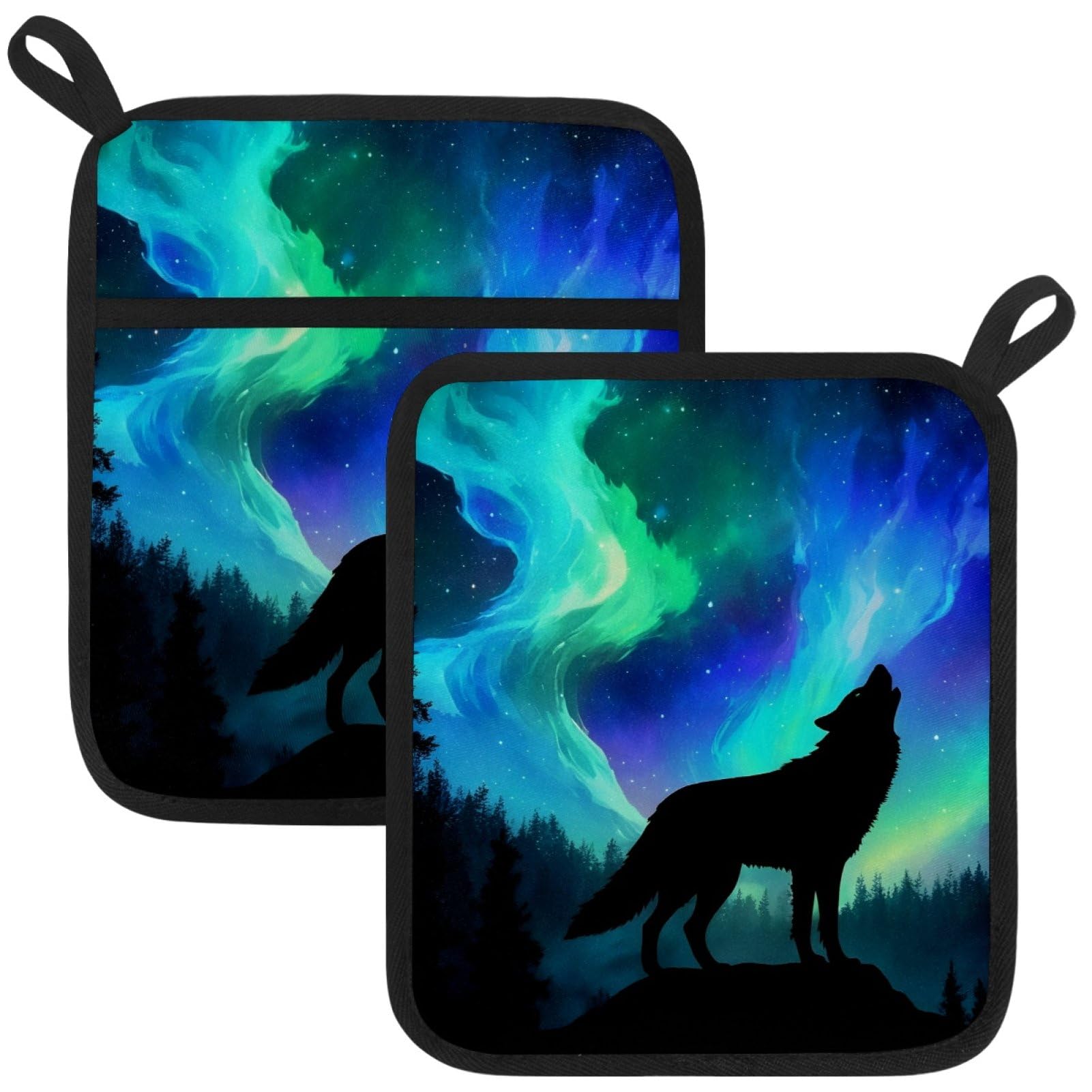 VAPOKF Wolf Pot Holders with Pocket for Kitchen Heat Resistant Potholders Large Polyester-Cotton Square Oven Mitts Set