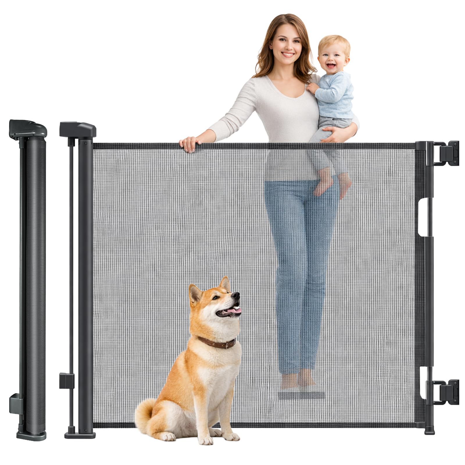 CROWNSHOP Stair Gate, Retractable Stair Gates for Baby and Dogs, Extends up to 59" Wide, 33" Tall One Handed Operation, Baby Gate for Doorways/Hallways (Black, 140cm)