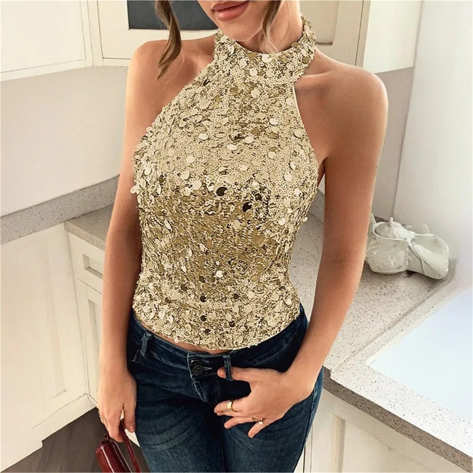 Top Halter Mujer Top sin Espalda for Mujer, Camiseta Mangas con Cuello Halter, decoración Sexy Lentejuelas, Cultivo Informal a la Moda for Fiesta y Club de Verano