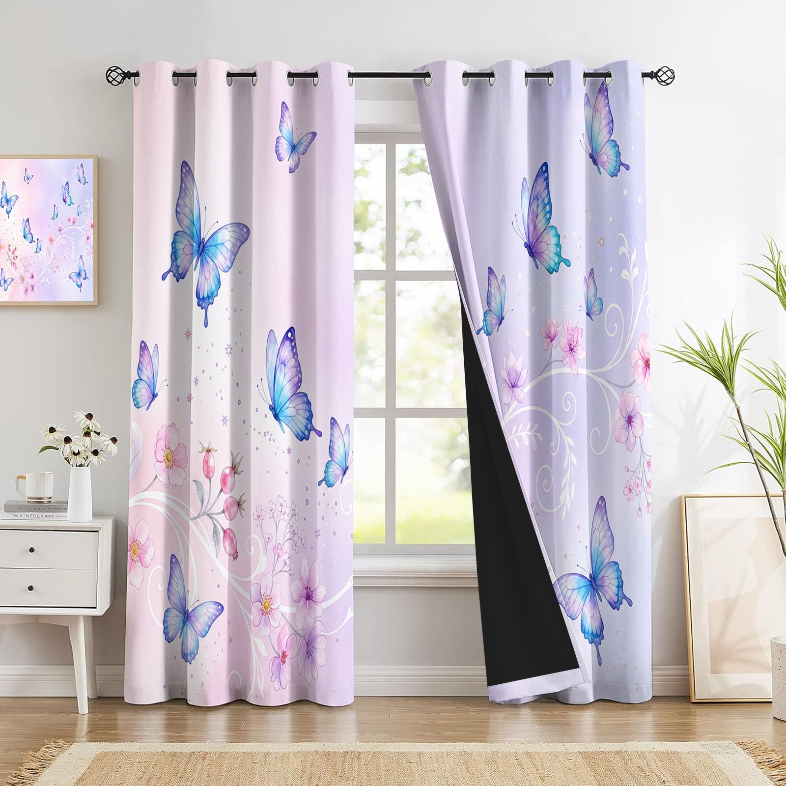 Verträumter Farbverlauf Vorhang Blickdicht Gardinen Mit Ösen, Schmetterlingsblumen Muster Verdunklungsvorhänge H175 x B140 cm (2er Pack), Rosaviolett Thermovorhang Kälteschutz Für Schlafzimmer Fenster