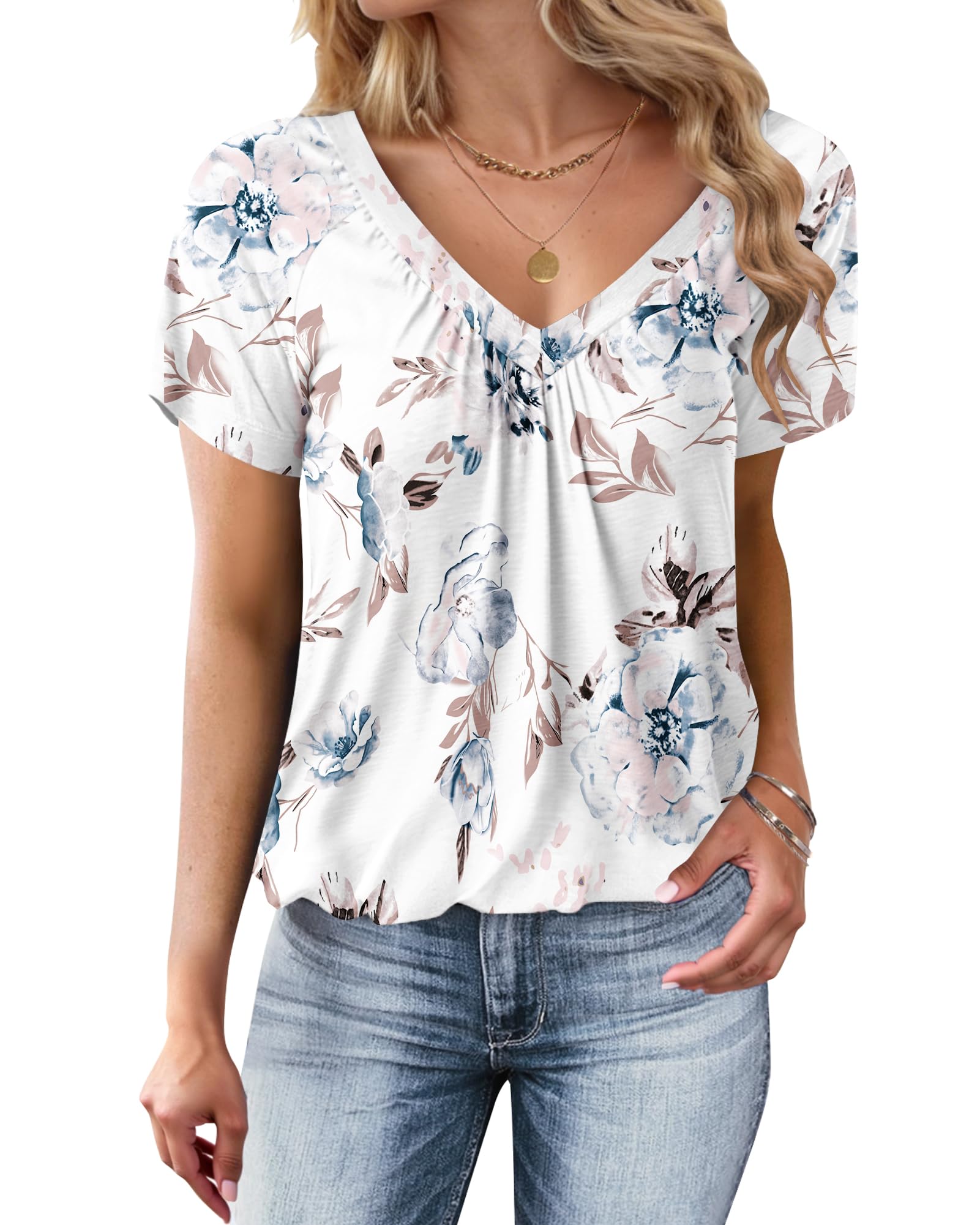 WNEEDU Tshirt Damen Sommer - V Ausschnitt Kurzarm Oberteile Basic Tops | Casual Lockere Bluse,T-shirt mit Plissiertes Frontmieder,Blasen-Saum,Leicht und Luftig,Shirt mit Gummizug am Saum