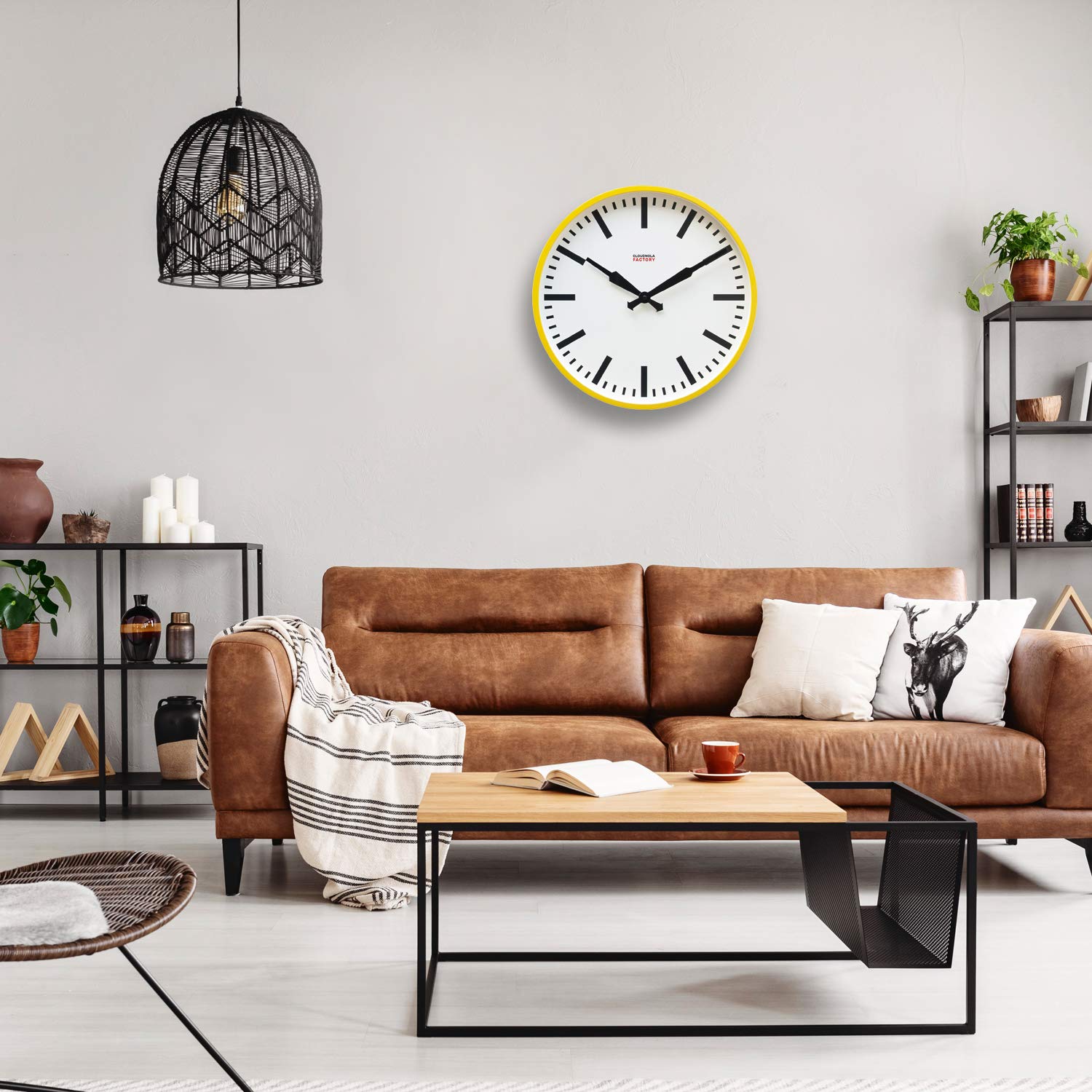 Cloudnola - Reloj de Metal, Estilo Industrial, Reloj de Pared con diseño contemporáneo, Movimiento de Cuarzo silencioso, Amarillo y Negro sin números