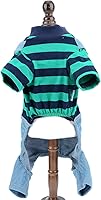 Vista 2 de SMALLLEE_LUCKY_STORE Suéter a rayas para mascotas, overol de mezclilla para perros pequeños, gatos, niño y niña, camiseta y pantalones de 4 patas