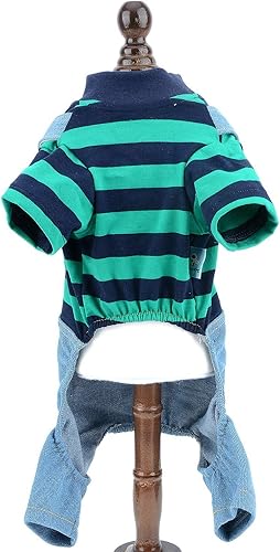 Miniatura 2 de SMALLLEE_LUCKY_STORE Suéter a rayas para mascotas, overol de mezclilla para perros pequeños, gatos, niño y niña, camiseta y pantalones de 4 patas,