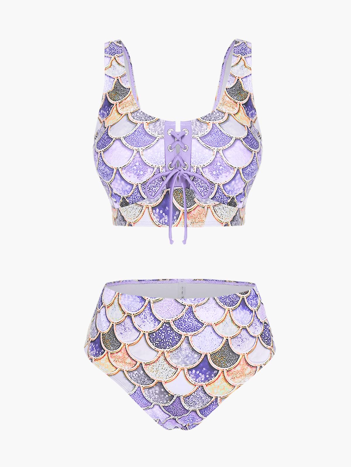 Rosegal 3-teiliger Tankini-Badeanzug für Damen, Übergröße, holografischer Meerjungfrauen-Druck, Schnürung, Badebekleidung