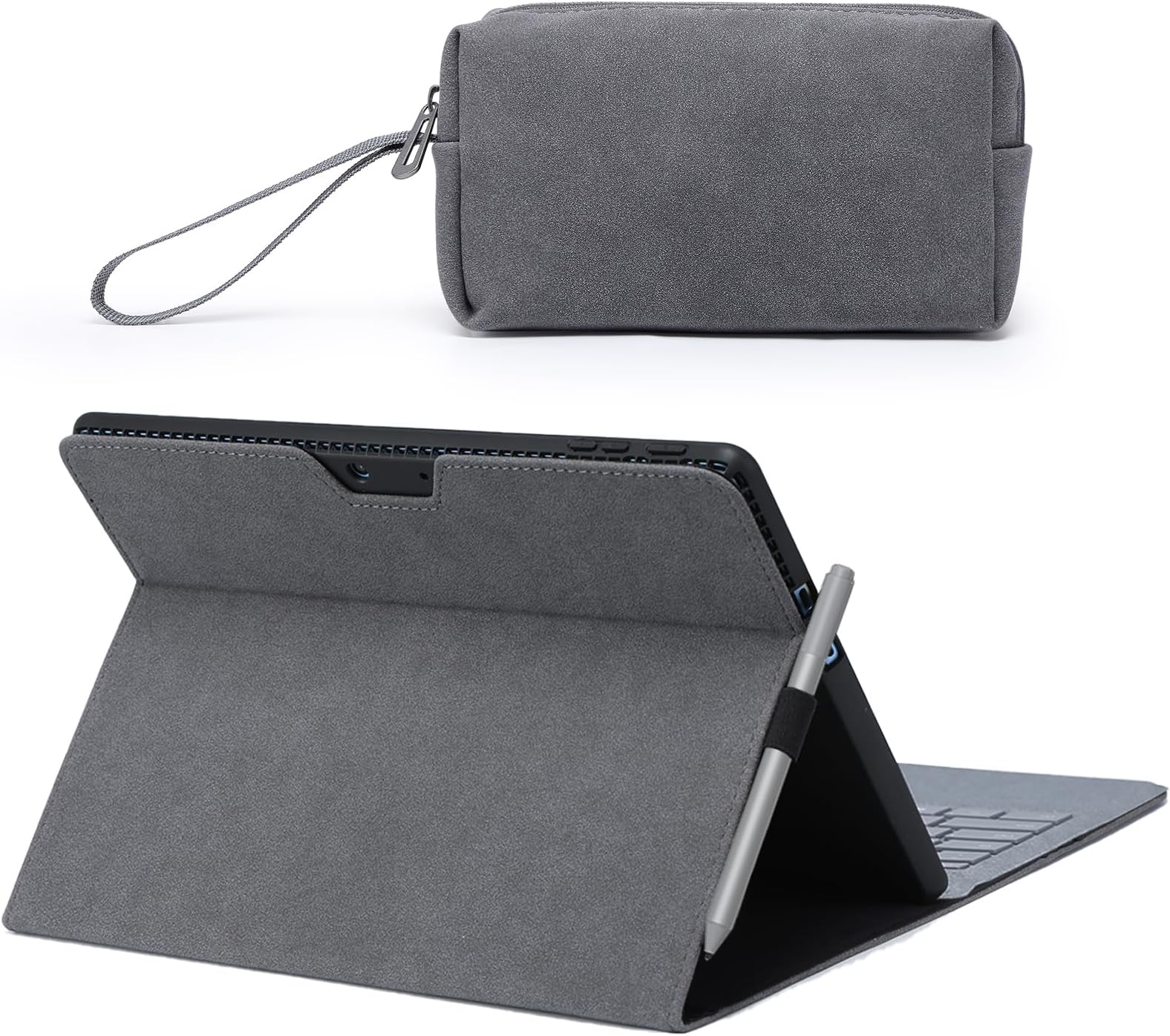 HYZUO Protective Case for Surface Pro 11/10/9, Multi-angle Viewing Folio Stand with Stylus Holder, Compatible with Type Cover Keyboard, with Pouch, Space Grey