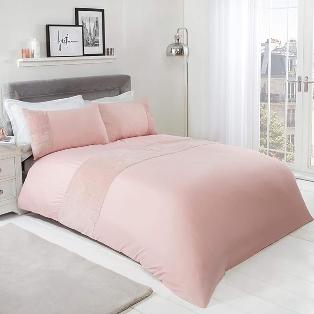 Brentfords Teddy Fleece Panel Duvet Cover with Pillow Case Super Soft Cuddly Warm Fluffy Cosy Bedding Set, Blush Pink - Double