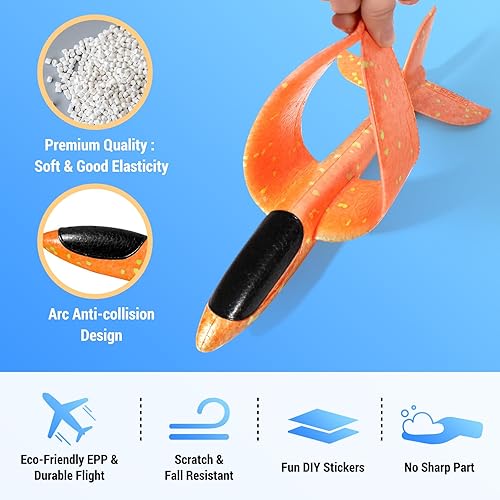 Miniatura 7 de HapKid Paquete de 4 lanzadores de aviones, aviones de espuma con 2 modos de vuelo, tirachinas y calcomanías de bricolaje, juguete volador al aire