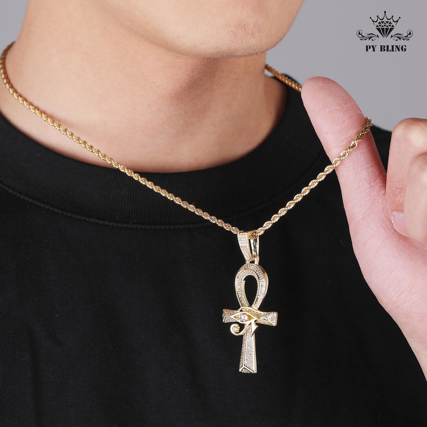 Iced Out Eye of Horus Ankh Cross Pendant Ancient Egyptian Necklace Chain 14K Gold White Gold Plated Protection Jewelry for Men Women with Stainless Rope Chain - Image 5