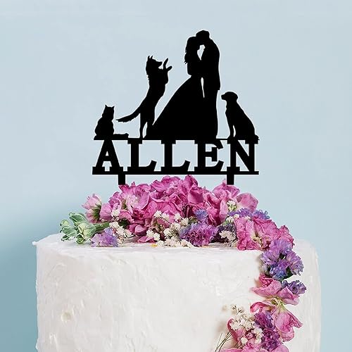 Decoración para tartas de pareja con mascotas, dos perros y un gato, 5.9 pulgadas, acrílico, personalizable, fecha y nombre, novia y novio, tenedor
