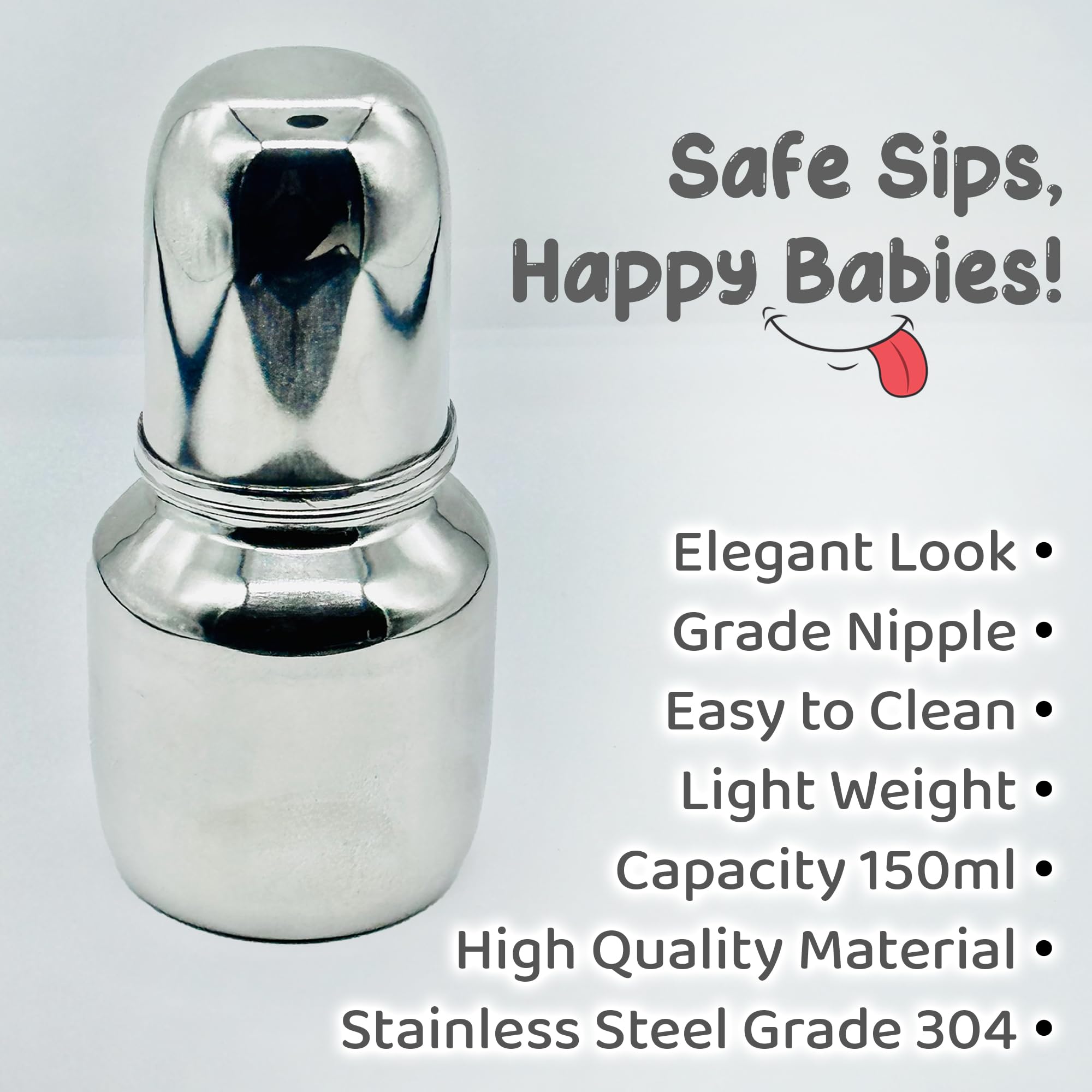 VIRTI MINI ME Stainless Steel Baby Feeding Bottle – 150ml Leakproof Bottle with Soft Silicone Nipple & Cap | BPA-Free, Easy to Clean, Travel Friendly & Durable for Newborns & Infants 1
