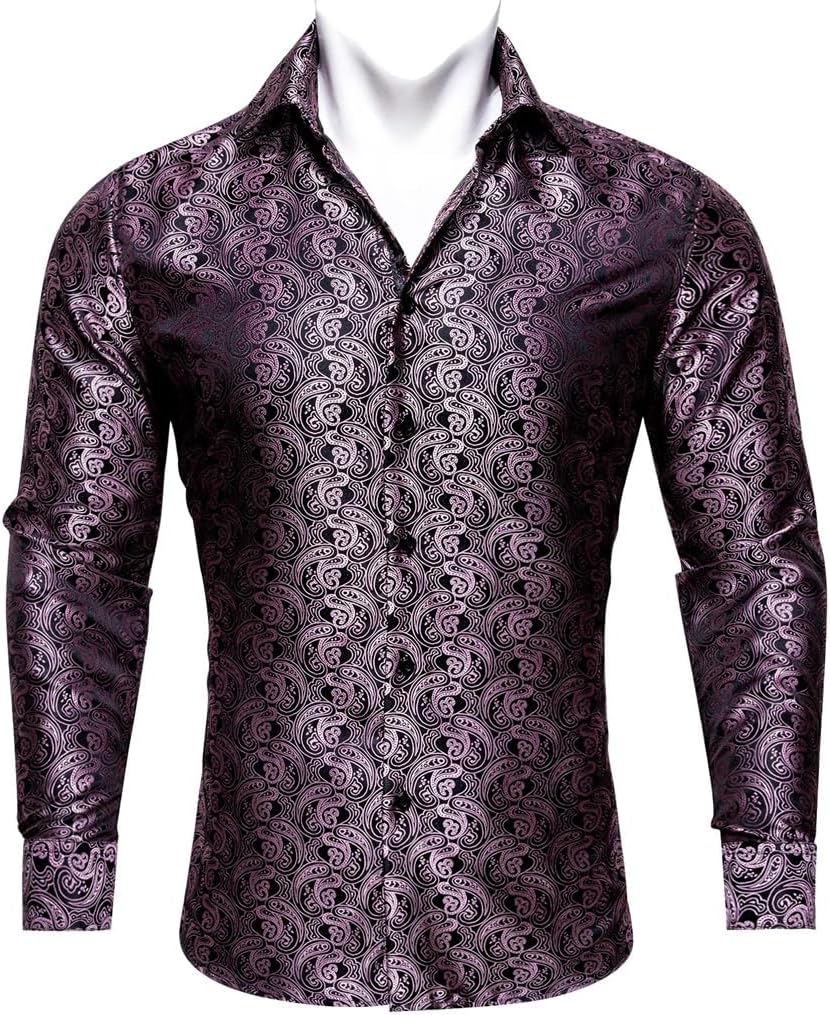 Classic Embroidered Shirts for Men Brown Paisley Silk Lapel Woven Long Sleeve Formal Fit Business Wedding