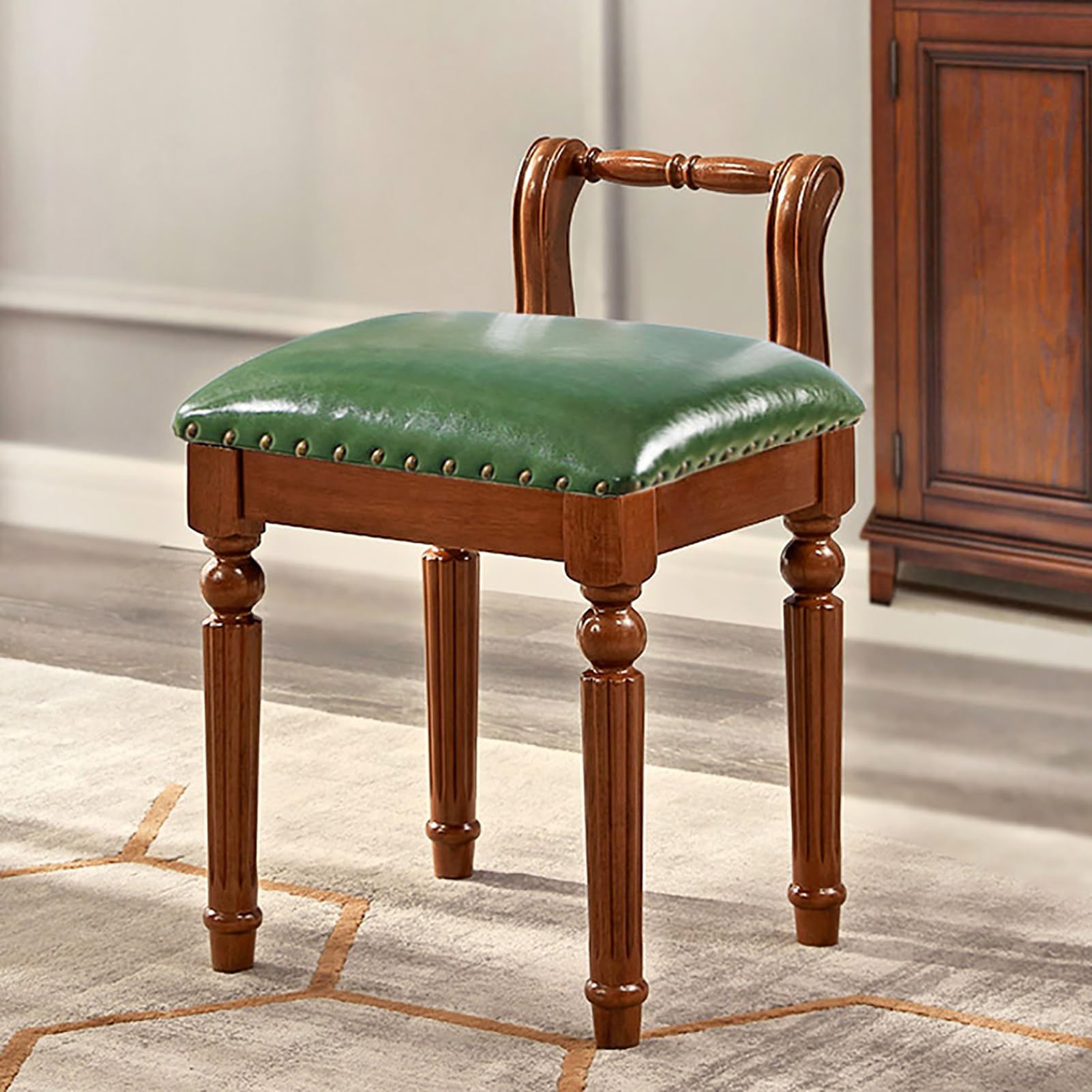 GHFXSCV Vintage Upholstered Makeup Stool with PU Leather Cushion, Solid Wood Legs, Footrest for Bedroom & Living Room Entryway Shoe Rack, 35 x 40 x 45 cm