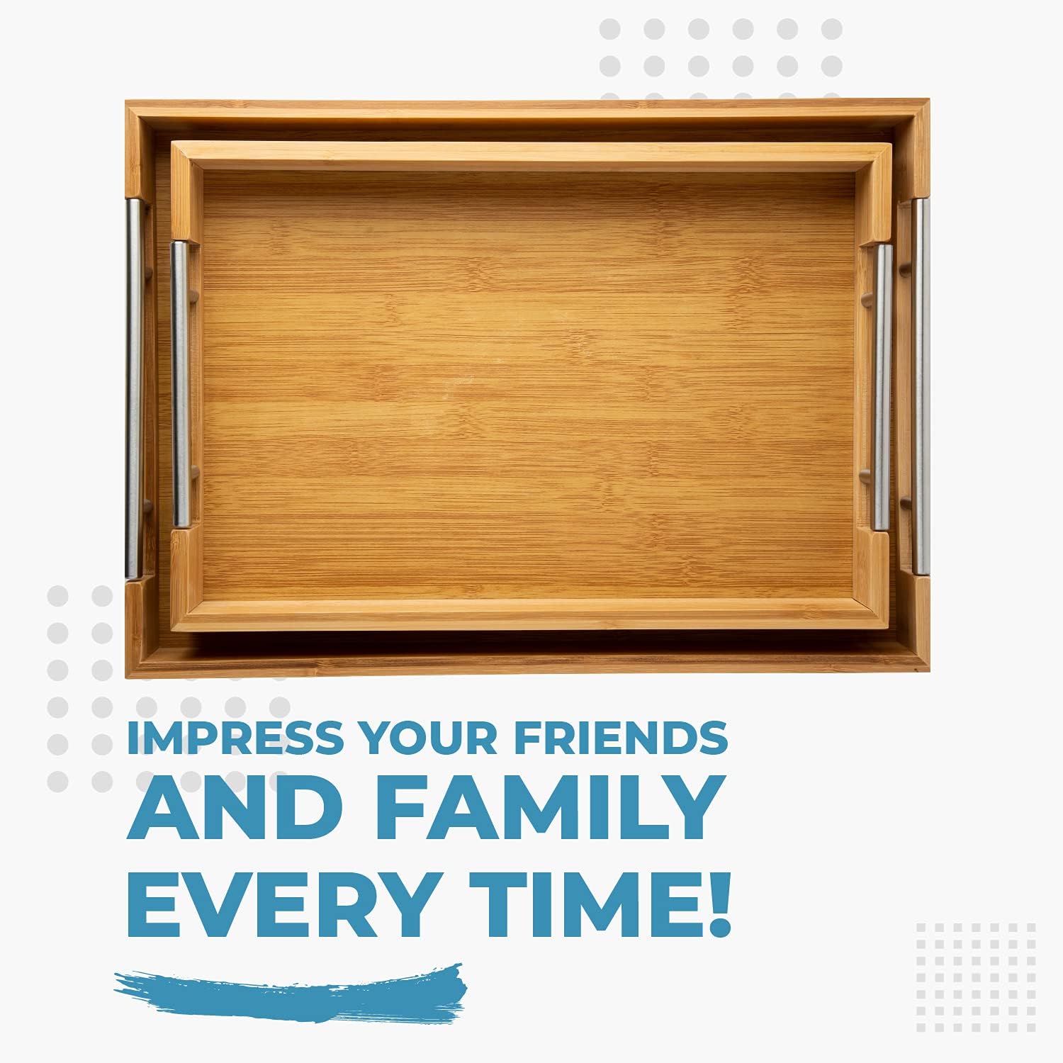 Modern Bamboo Serving Trays with Metal Handles – Set of 2 Bamboo Trays That Nests – Large and Small Trays Set for Food, Ottoman Décor & More – Bamboo Trays for Breakfast - Natural Color : Home & Kitchen