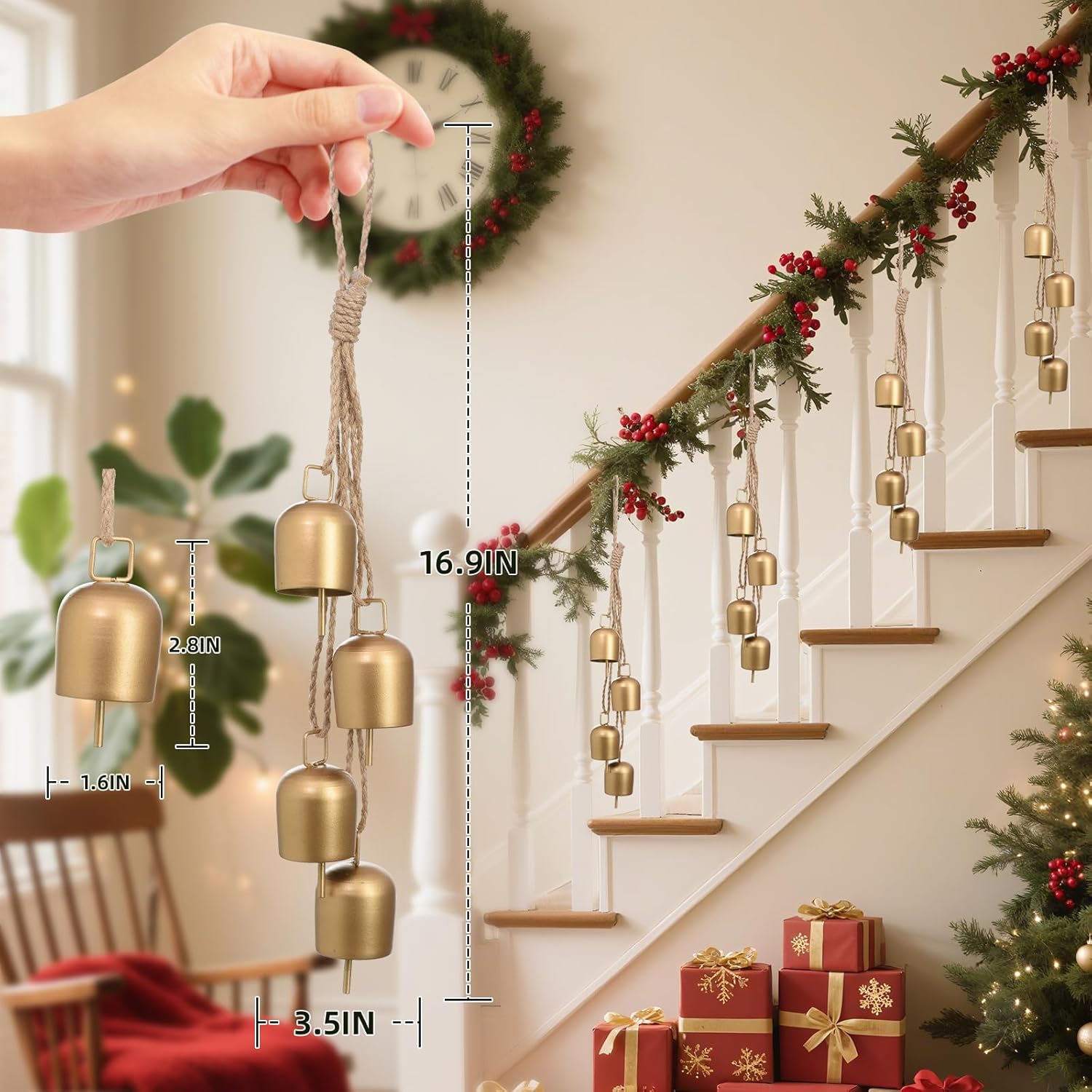 Christmas Gold Bells Set: Vintage Hanging Bells Decorations with Jute Rope - Metal Bell Chimes for Home, Garden, Christmas Tree, Wedding & Party, Radiant Bright Gold - Image 4