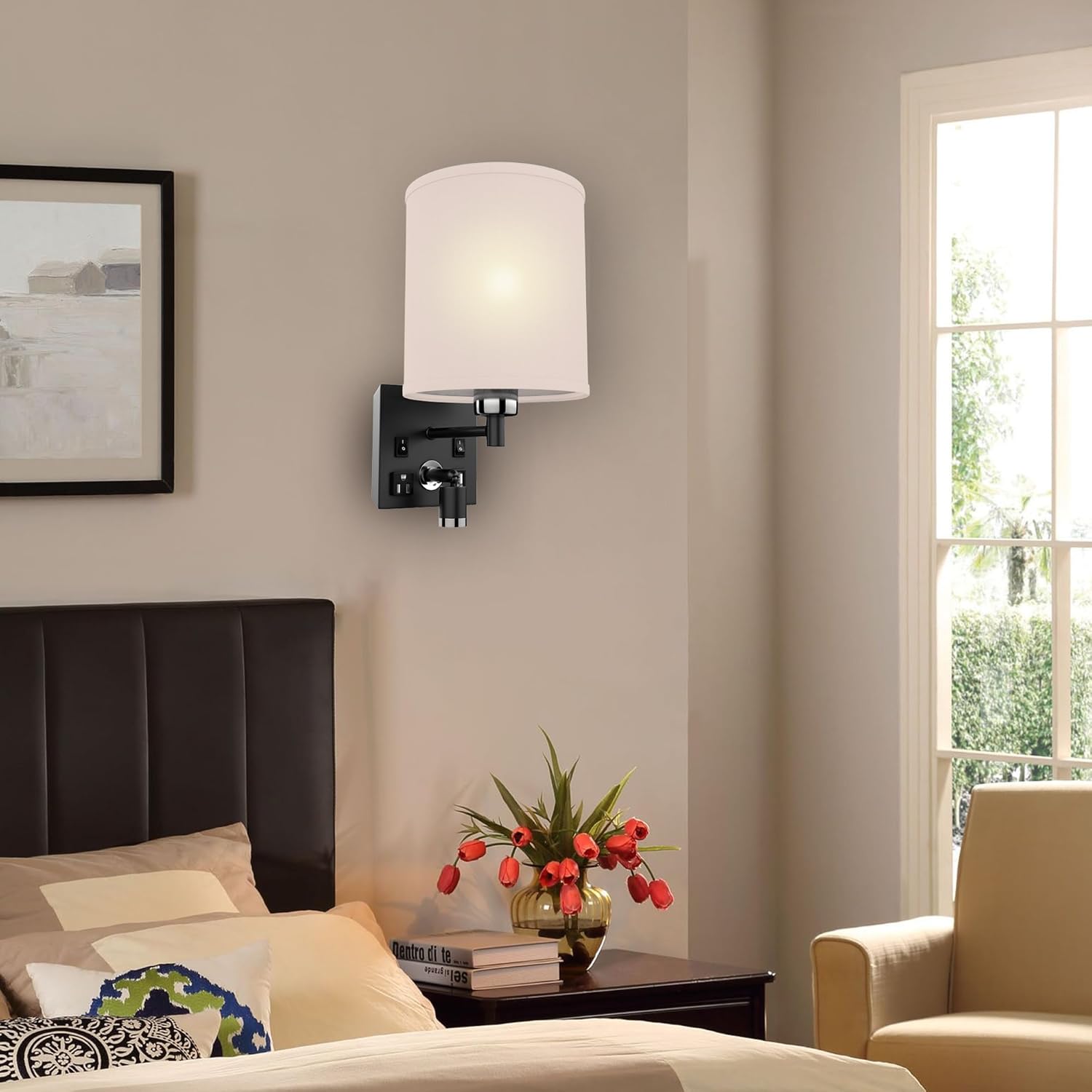 LEDMyplace 1-Light LED Wall Sconces, Indoor Sconce Light Fixture for Living Room with USB Ports and Outlet, E26 Base, Iron Body, White Fabric Shade, Brushed Nickel Finish, Wall Lighting for Hallway