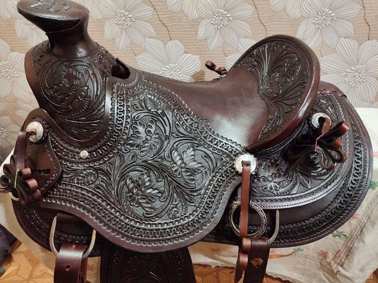 Western Horse Saddle Wade Tree A Fork Ranch Roping Work Handmade Tooled Carved Premium Leather Equestrian Trail Horse Saddle for Horse Riding Size: 10-18 inches Seat, OS24