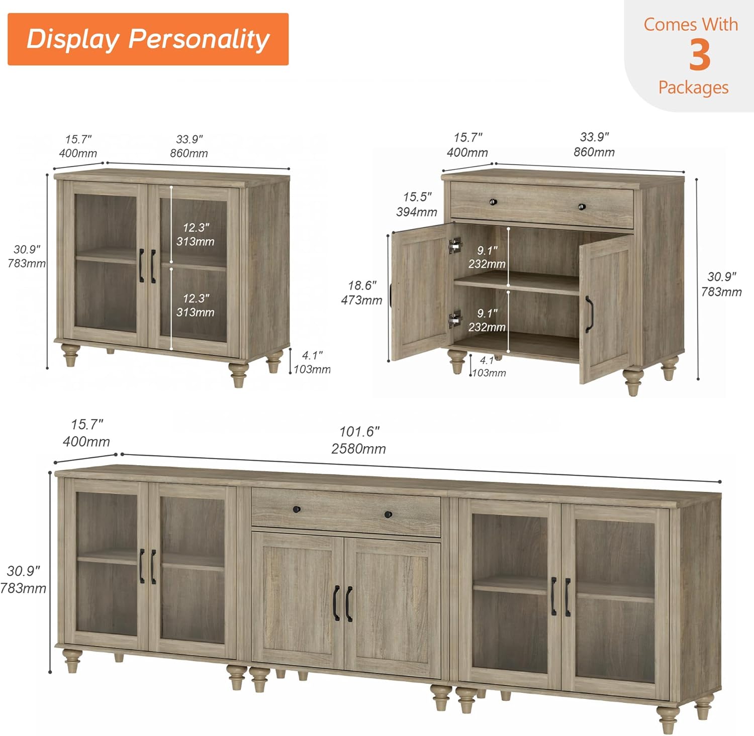WAMPAT Sideboard Cabinet with Glass Doors, Wood Doors and Drawer, Vintage Wood Grain Design, 3-in-1 Buffet Cabinet with Storage, Coffee Bar for Dinning Room, Kitchen,and Living Room, Wash Grey
