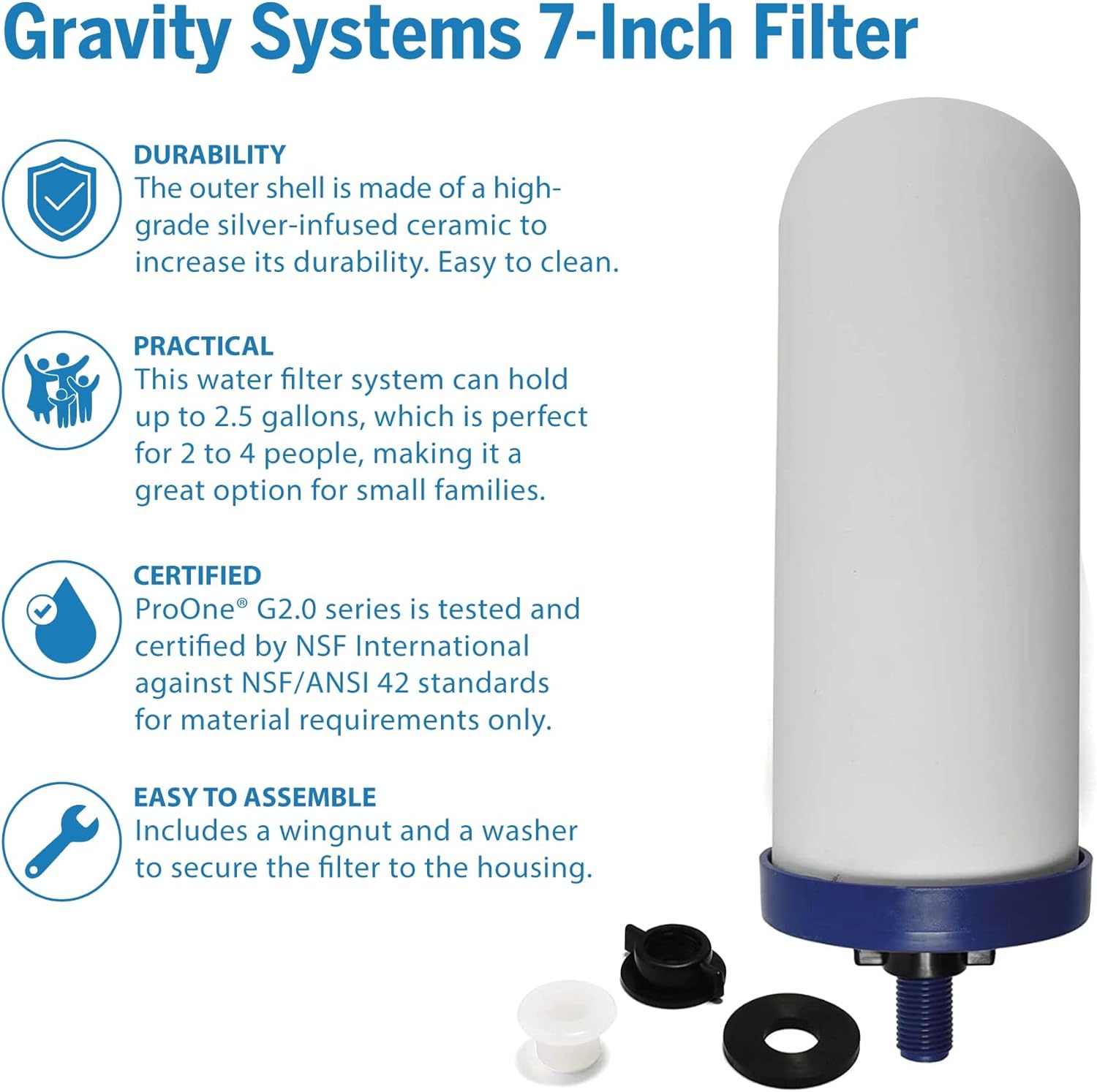 ProOne G-Series 7-Inch Gravity Filter Replacement 2-Pack - Universally Compatible with Gravity Water Filtration Systems - NSF/ANSI Certified to Reduce Lead, Microplastics, & Total PFAS (2-Pack)
