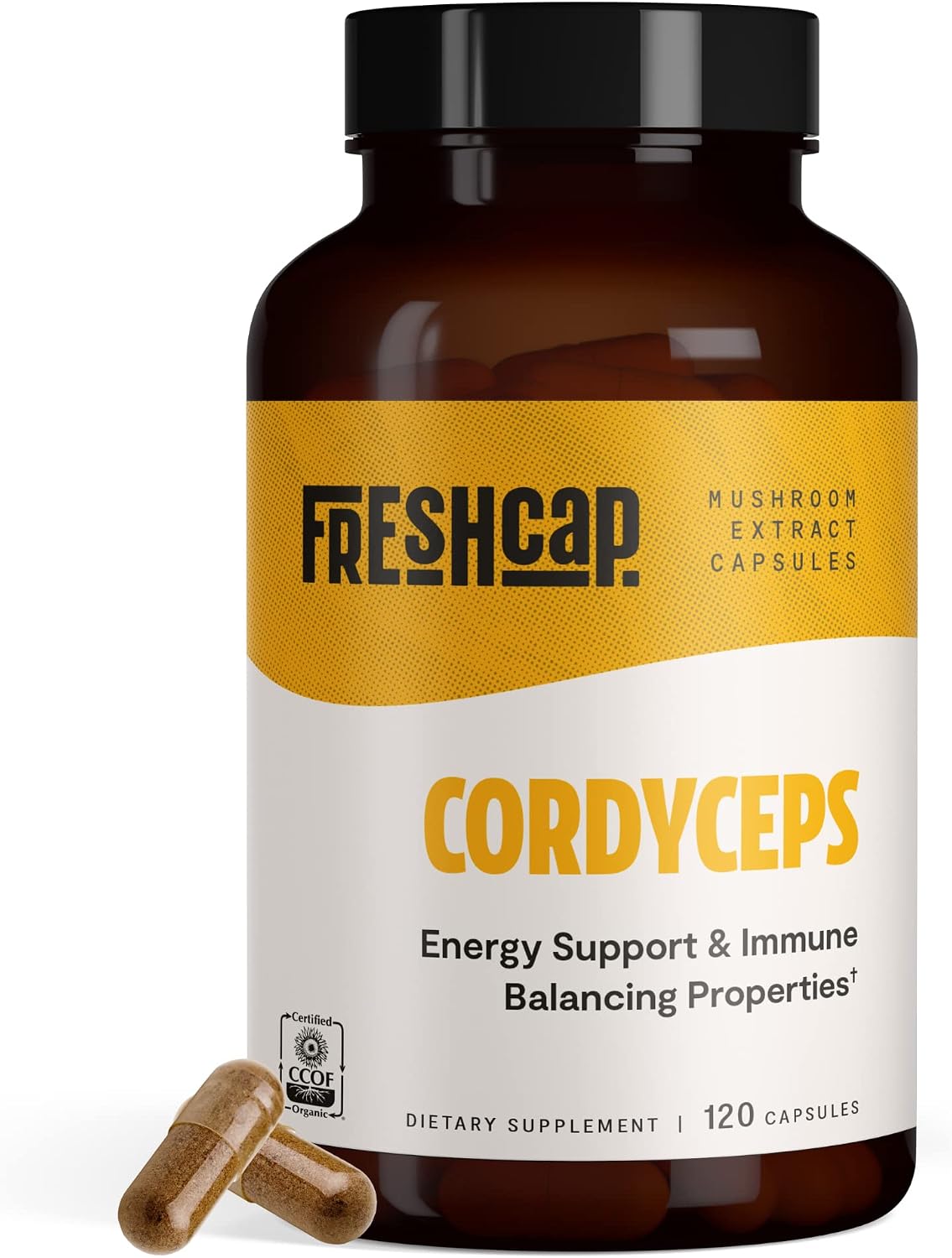 FreshCap Cordyceps Capsules, 120 Count, 60 Day Supply - Natural Energy, Exercise Performance and Endurance - 1000 mg (32% Beta glucan, 0.3% Cordycepin), Organic and Vegan