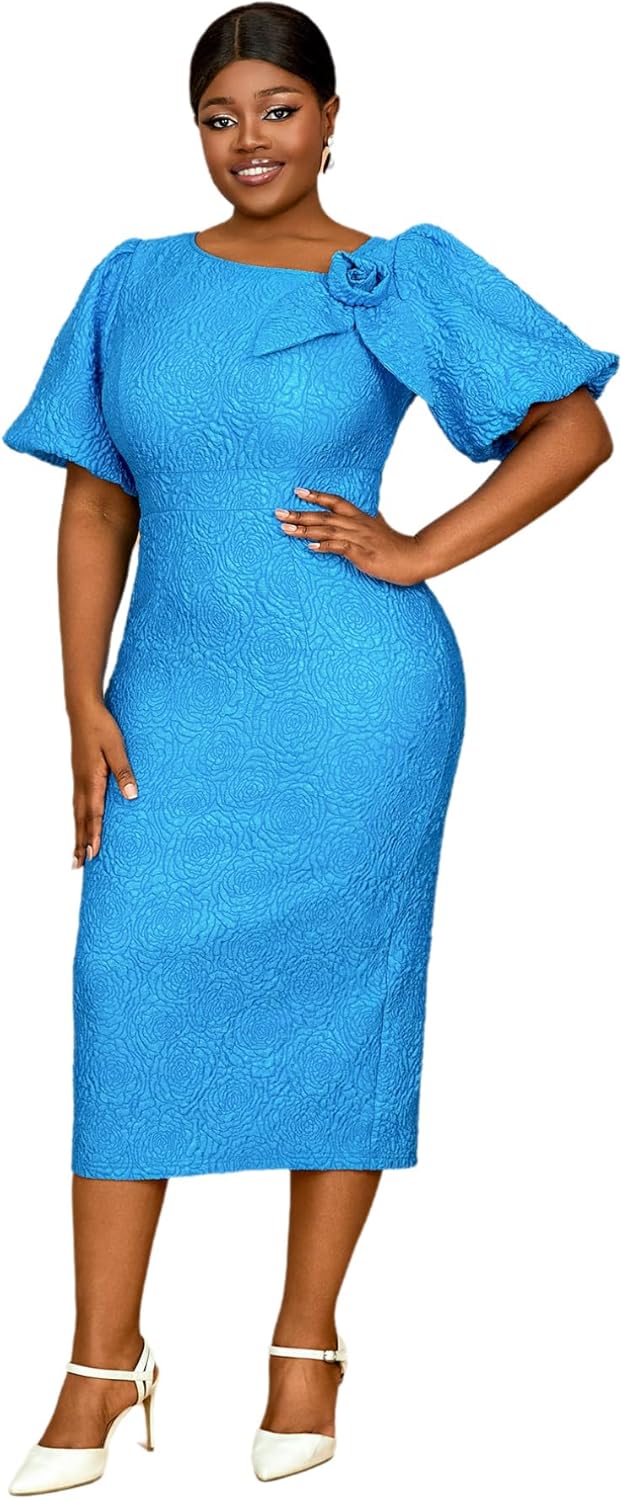 AOMEI Women's Irregular Neck with Flower Short Puff Sleeve High Waist Bodycon Jacquard Dress