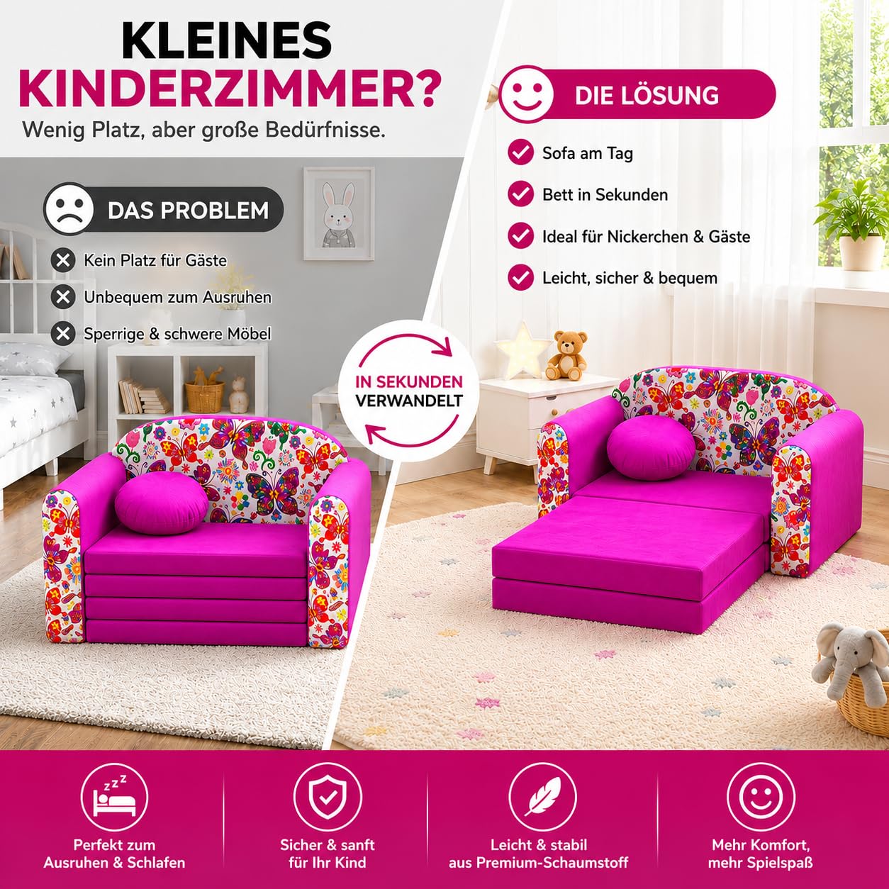 TUPPI Kindersofa mit Schlaffunktion 168x98 cm - Kindersofa Ausklappbar - Kinder Sofa für Kinderzimmer - Samtweicher Velours - 4-teilig inkl. Kissen & Puff