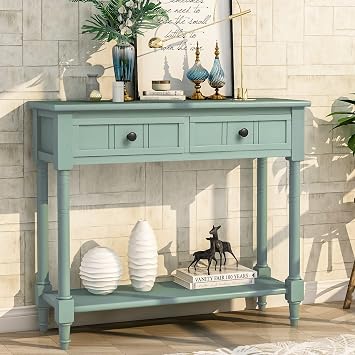 Solid Wood Console Entry Table with Drawer Console, Accent Sofa Table with Storage Rack, Living Room Office Narrow Entrance Hall Table,Green
