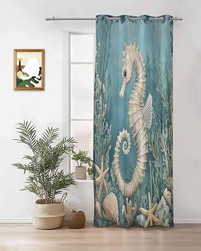 Summer Thermal Insulated Blackout Curtains for Bedroom 63 Length Ocean Retro Seahorse Coral Seashell Coastal Room Darkening Curtain 1 Panel Grommet Window Curtain Drape for Living Room