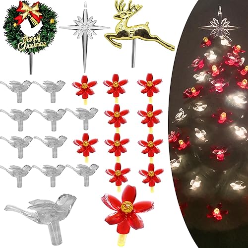 153 luces de Pascua para árbol de Navidad de cerámica de repuesto, 50 bombillas de flores rojas, 50 clavijas de árbol de bayas amarillas de plástico