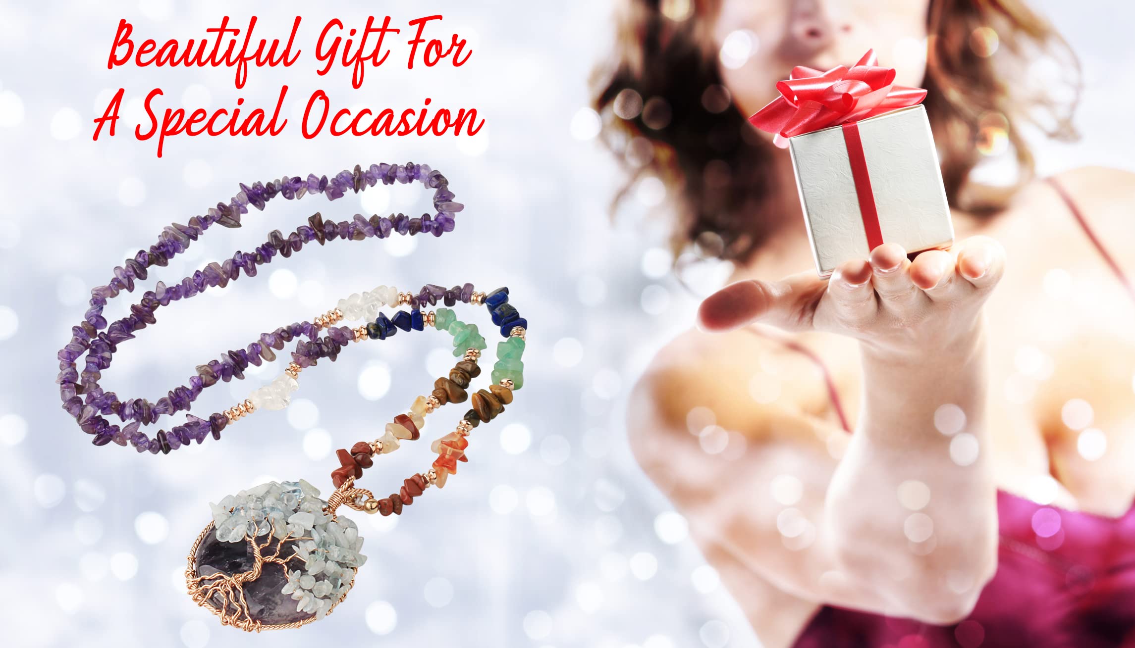 Spiritual Crystal Tree Of Life Ladies Necklace, Natural Stone Wire Wrap Pendant for Women, Chakra Reiki Stone Chips - Image 2