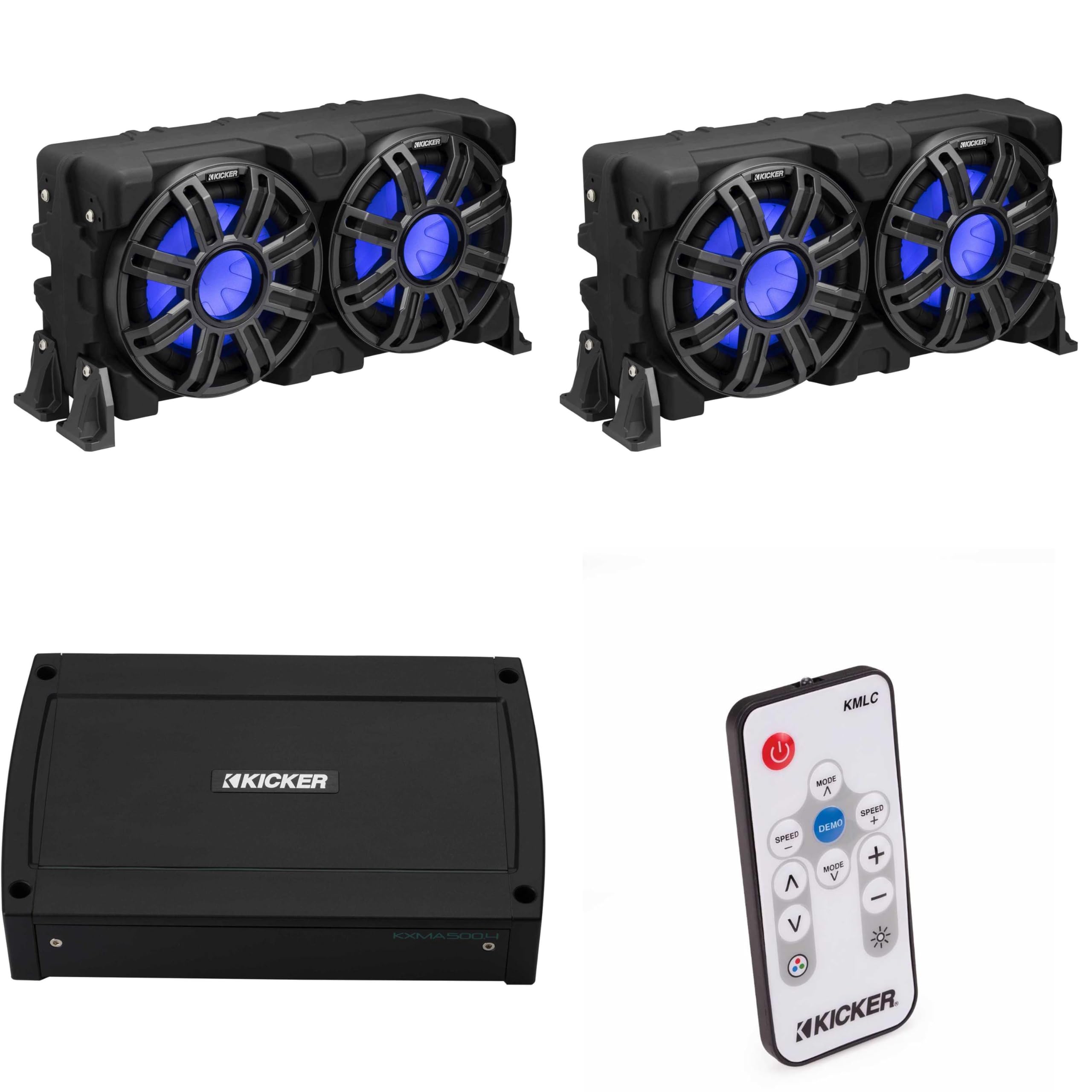 Kicker (2) 51MWLE104 - MWE 10-Inch Loaded Premium Marine Sub Encl w/Passive Radiator 4ohm & 48KXMA5004 Marine Amp Bundle (Includes LED Remote)