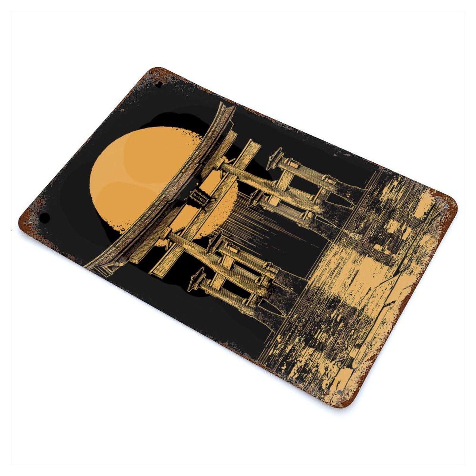 Torii Gate with Rising Sun Illustration Decorative Tin Sign 11.8"x7.9", for Cafe, Home Bar And Lounge Decor, Decorative Metal Wall Art